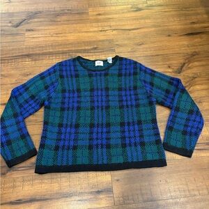 Vintage 90s The GAP Sweater Plaid Heavy Cotton Blue Green Knit Pullover Medium